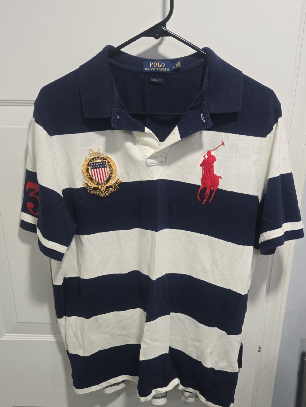 Polo by Ralph Lauren Navy and White Striped Polo Shirt with Red Pony